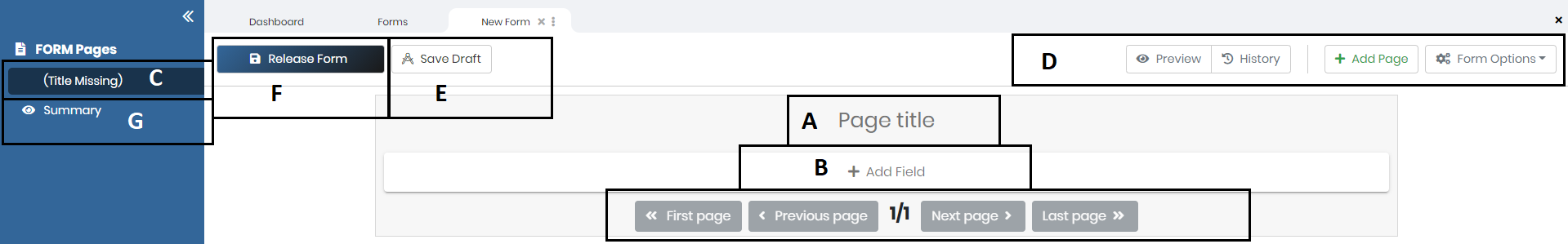 the form editor (page title, Add Field, page navigation, Preview, Release Form / Save Draft)