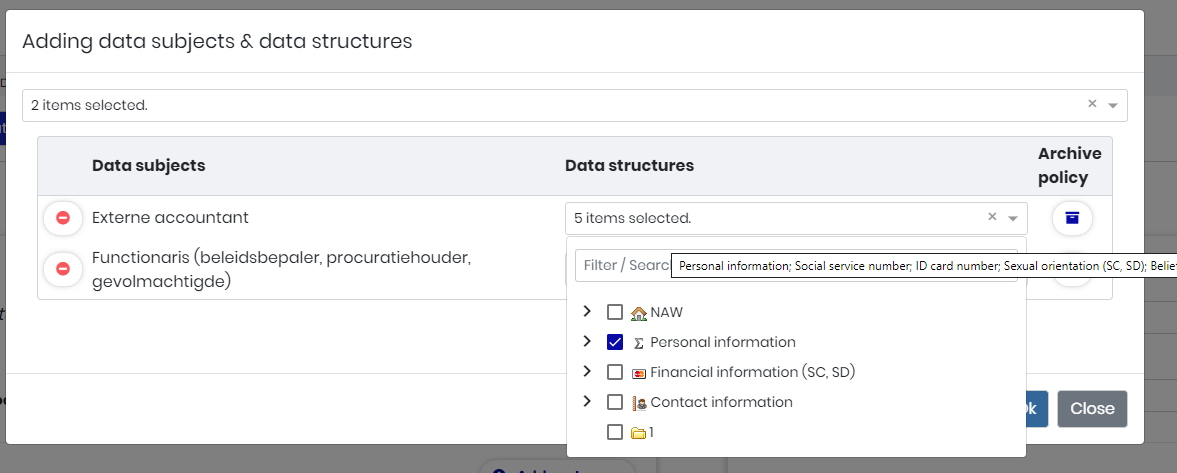 Adding data subjects and data structures for an entity