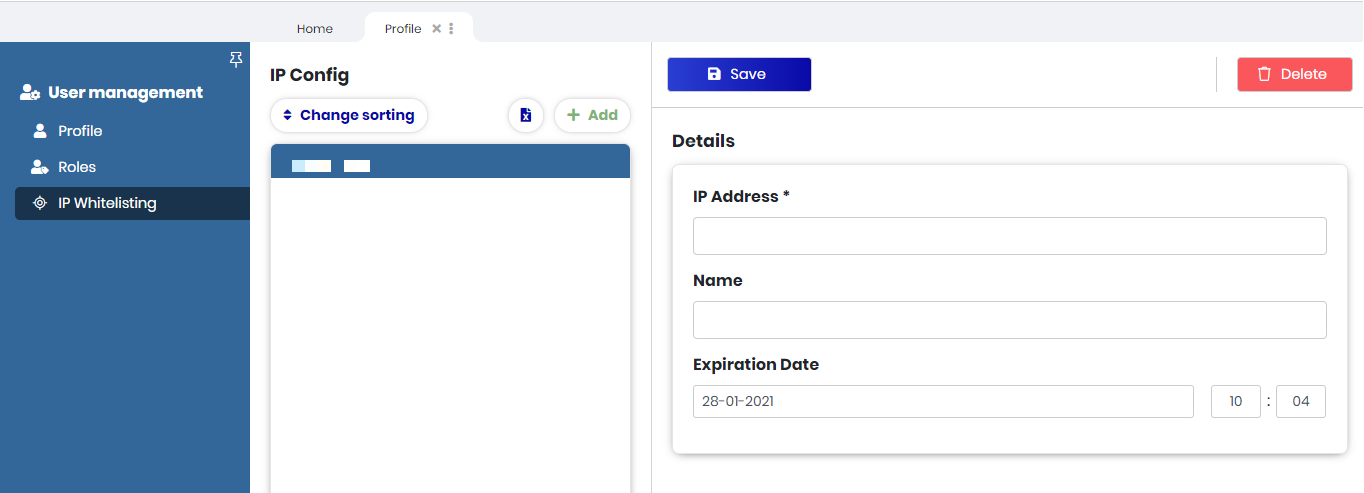 IP Whitelisting on a user profile: the whitelisted addresses with their expiration date