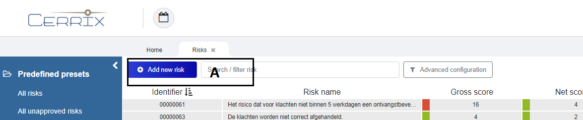 The Risk workspace with the Add new risk button