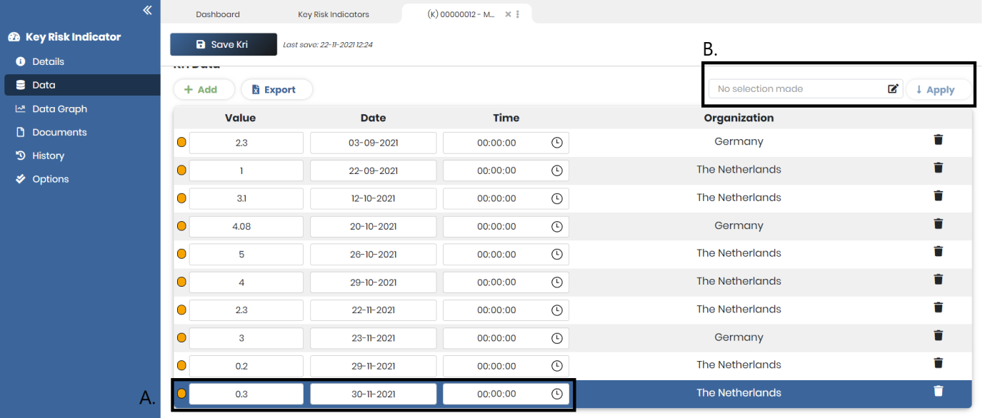 The Data page with datapoints for multiple organizations