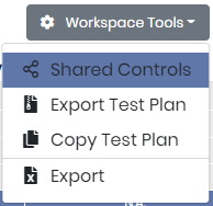 Workspace Tools in the Controls workspace: Shared Controls, Export Test Plan, Copy Test Plan and Export