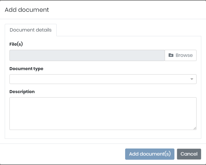 Adding a document as evidence: file, document type and description