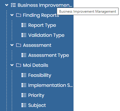 The Business Improvement Management section of Standing Data