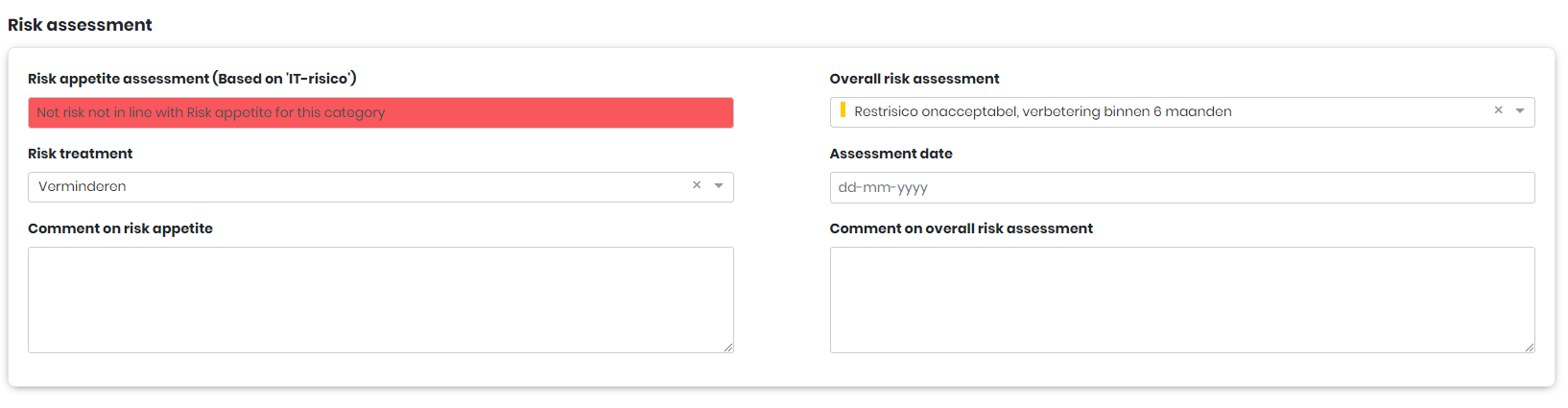 The risk assessment section with a risk outside the risk appetite