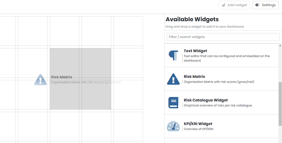 Adding a widget: drag a widget from the Available Widgets panel onto the grid