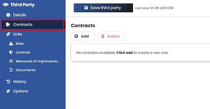 The Contracts tab of a third party with the left side menu