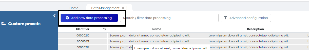 The Add new data processing button in the Data Management workspace