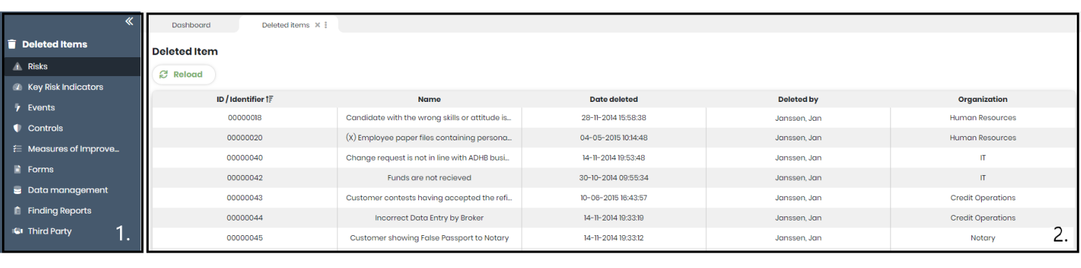 Deleted Items: module selection on the left and the overview of deleted items on the right