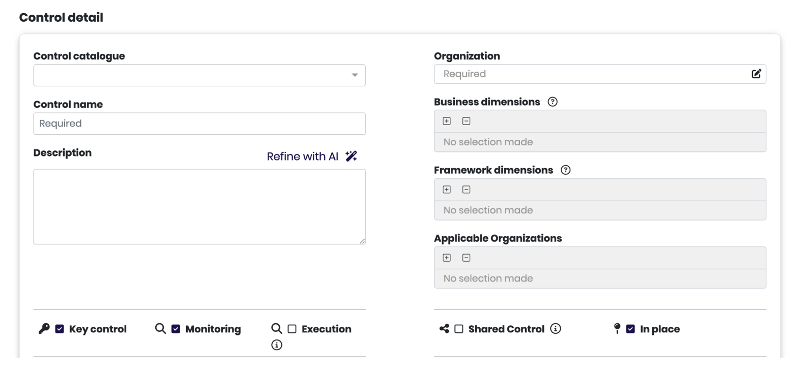 The Shared Control checkbox and Applicable Organizations field on the control detail