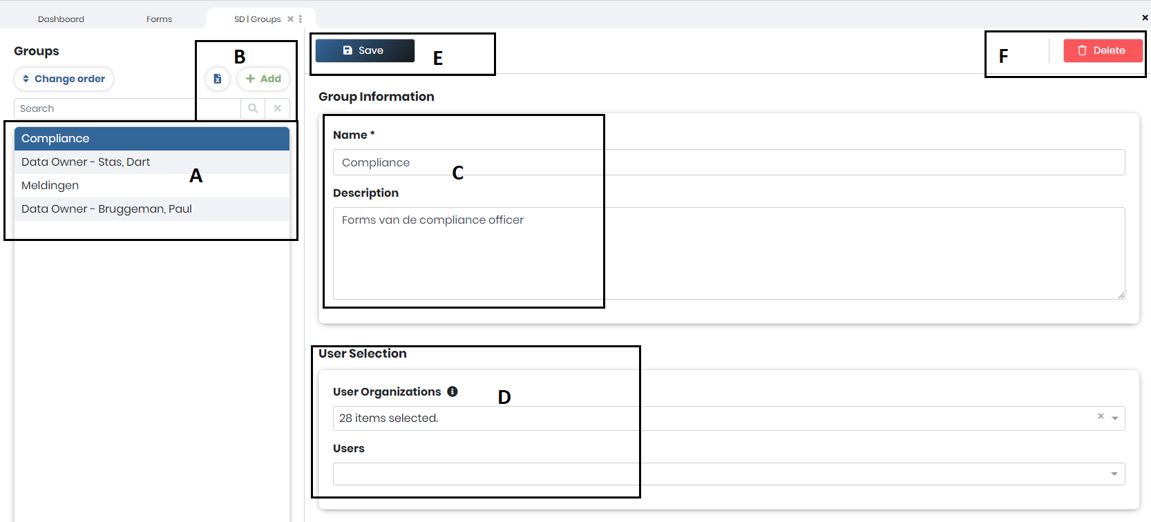 the Groups management screen