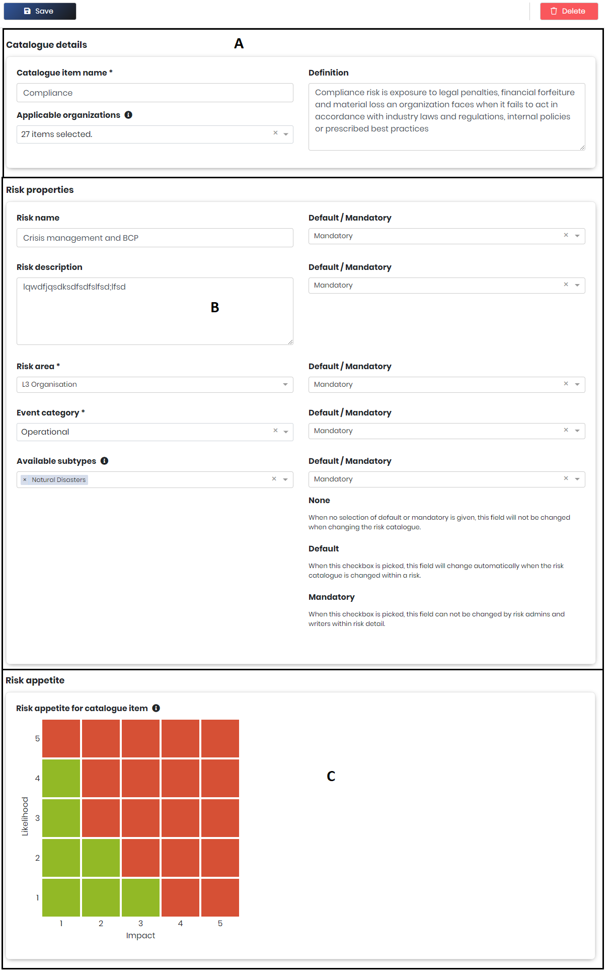 A risk catalogue entry: catalogue details, risk properties and the risk appetite matrix